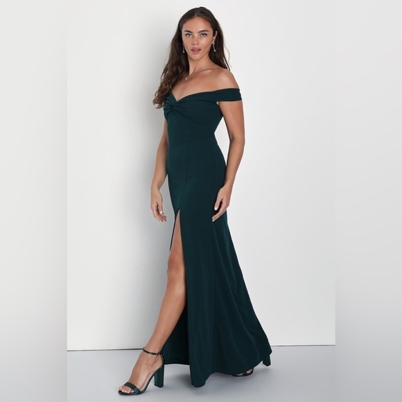 ⚫️ LULUS Behold My Love Emerald Off-The-Shoulder Twist-Front Maxi Dress - Picture 6 of 7